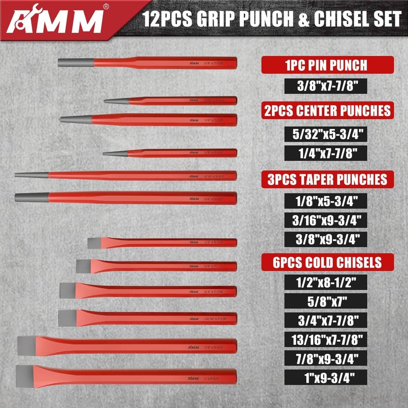 AMM 28 PCS Heavy Duty Punch and Chisel Set, Including Taper Punch, Cold Chisels, Pin Punch and Center Punch, Cr-V, Ideal for Working with Wood, Metal, Automotive, Sculpture, etc - Image 2